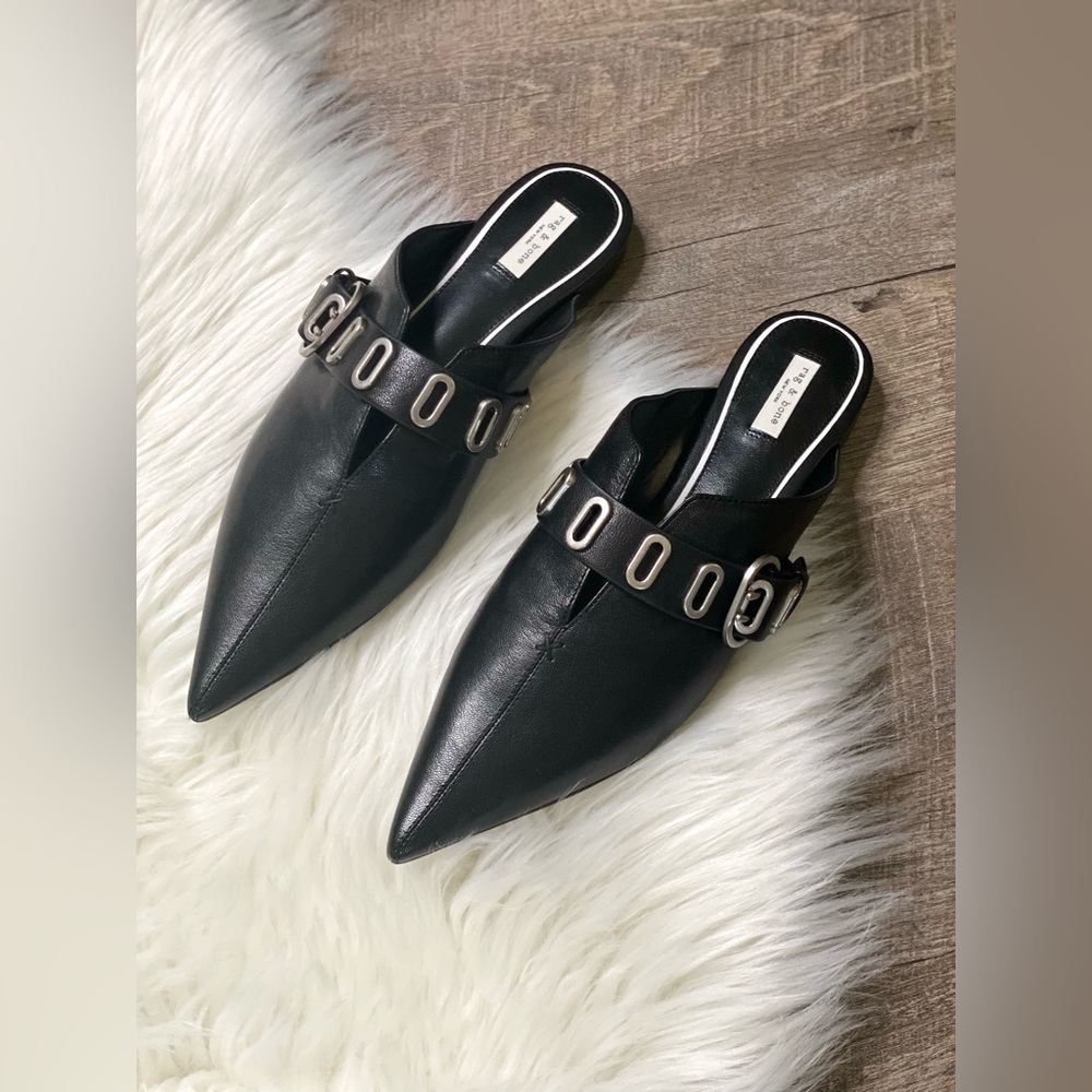 Rag & Bone Victory Black Leather Pointed Toe Buckle Mules